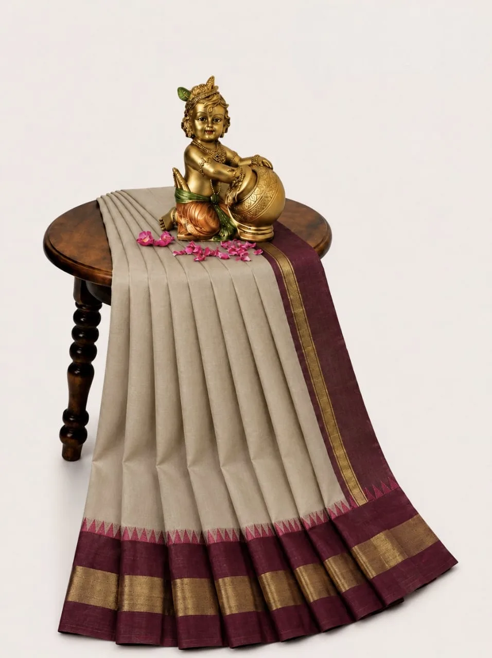 Lime Green with Maroon Gold Border Korvai Cotton Saree